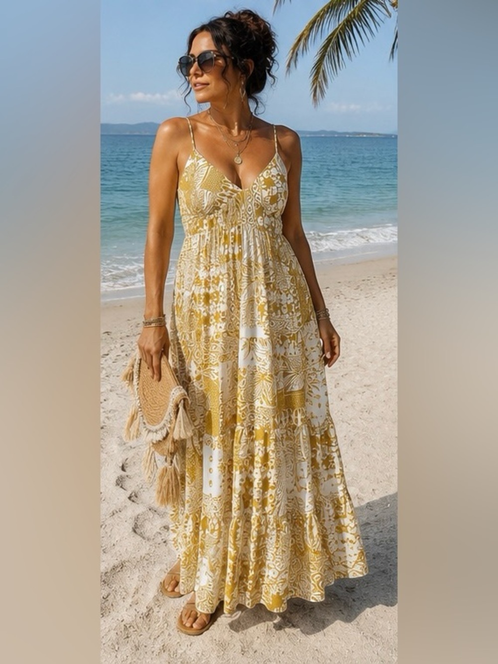 Monteau Los Angeles Mustard & White Boho Maxi Dress Size Large
